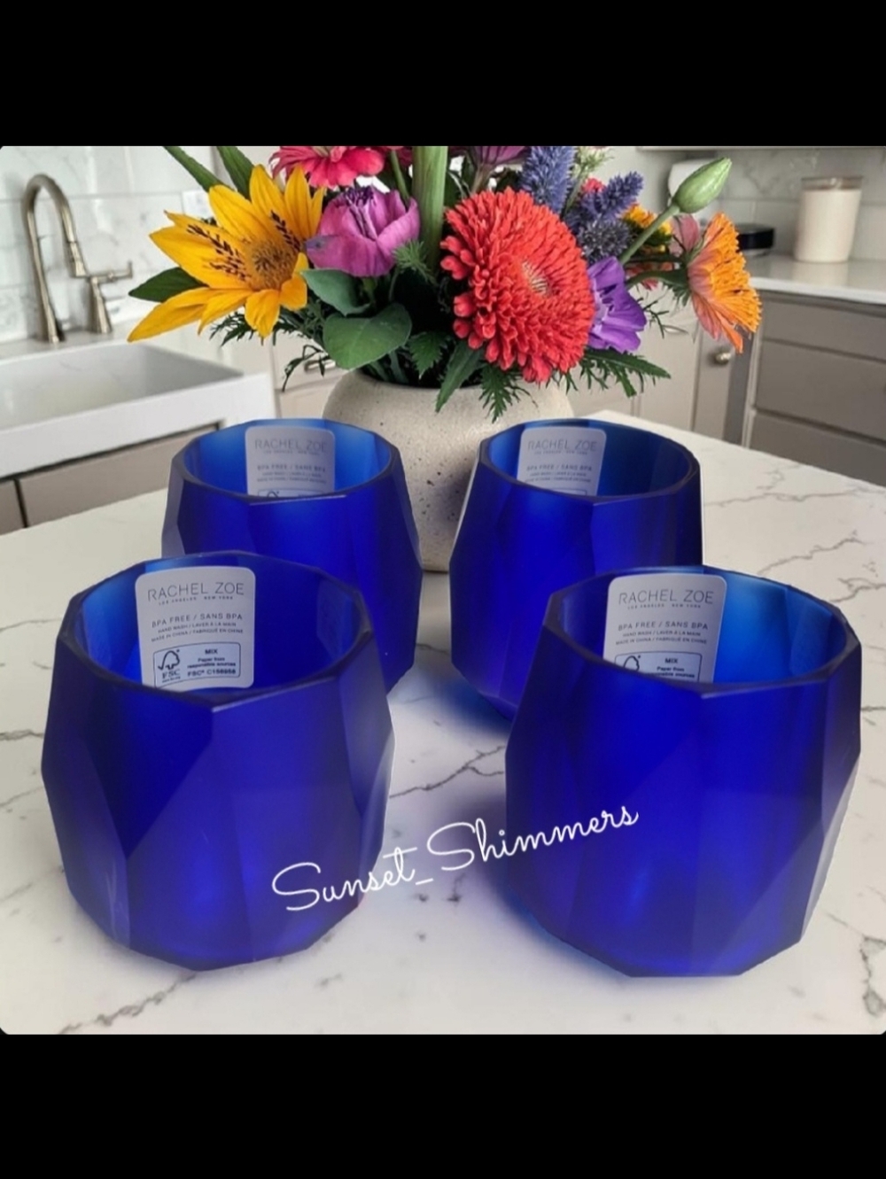 RACHEL ZOE 4pc set Frosted Cobalt Blue Acrylic Crystal Tumbler Cup Drink Glasses